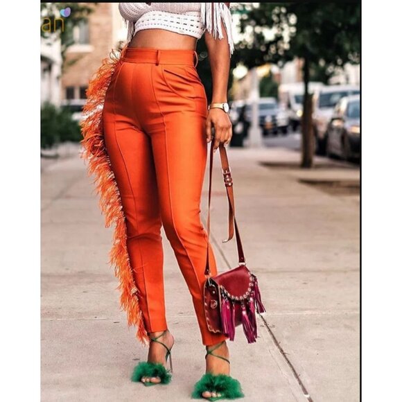 Hanifa Ava Ostrich Feather Pants Fitted Statement Blogger Fave Orange Small - Picture 4 of 16